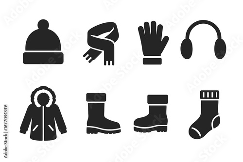 Winter clothes solid icon set. Glyph symbols for cold weather apparel & accessories. Vector collection of beanie hat, scarf, gloves, earmuffs, parka jacket, snow boots, socks.