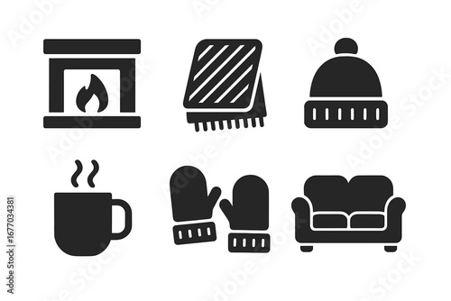 Winter comfort solid icon set. Cozy home items collection with fireplace, warm blanket, wool hat, mittens, hot drink mug, couch. Hygge lifestyle glyph symbols vector.