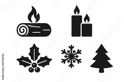 Winter holiday solid icon set. Yule log, burning candles, holly berry, snowflake, pine tree. Christmas and winter solstice celebration vector symbol silhouette collection.