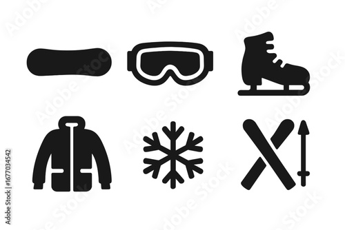 Winter sports solid icon set. Glyph vector collection of snowboard, ski goggles, ice skate, winter jacket, snowflake and skis symbols. Active lifestyle equipment graphics.
