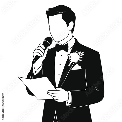 Elegant man in tuxedo giving wedding speech with microphone, best man or groom holding notes, formal event, black and white vector illustration, isolated on white background, celebration concept