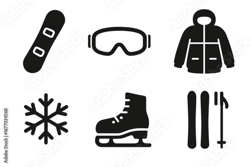 Winter sports solid icon set. Snowboard, ski, goggles, ice skate, jacket, snowflake vector glyphs. Skiing, snowboarding, outdoor activity & equipment graphic elements.