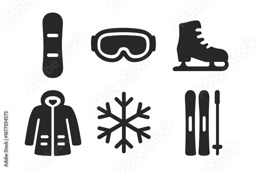 Winter sports solid glyph icon set. Black silhouette collection with snowboard, ski, ice skate, goggles, jacket, snowflake. Vector elements for outdoor activity and holiday design.