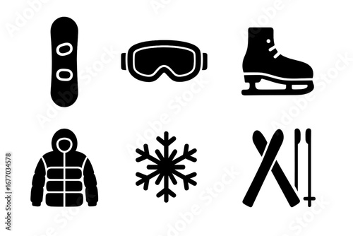 Winter sports solid glyph icon set. Simple black silhouette collection for winter activities. Vector icons of snowboard, skis, goggles, ice skate, jacket, and snowflake.