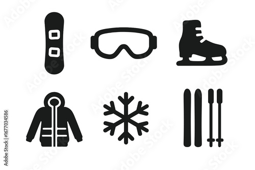 Winter sports solid glyph icon set. Snowboard, ski, goggles, ice skate, jacket, snowflake. Vector design elements. Extreme winter activity symbol collection for web design.