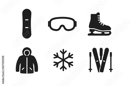 Winter sports solid glyph icon set. Vector collection of winter activity equipment symbols: snowboard, ski, ice skate, goggles, warm jacket, snowflake. Outdoor recreation concept.