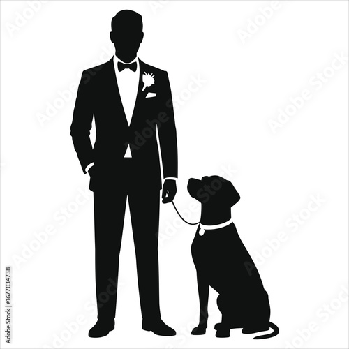 Elegant Silhouette of Man in Tuxedo with Dog on Leash, Minimalist Black and White Illustration, Perfect for Wedding, Formal Events, and Pet Lovers, High-Quality Vector Art