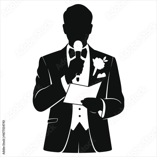 Elegant Black Silhouette of Speaker in Tuxedo with Microphone and Notes, Formal Event Host, Wedding MC, Gala Emcee, Vector Illustration for Presentations, Invitations, and Professional Gatherings