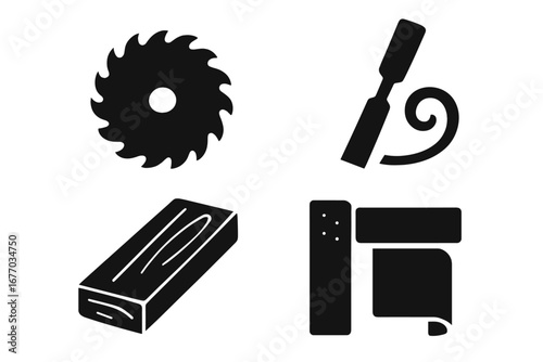 Woodworking solid icon set. Carpentry and joinery tools silhouette collection. Circular saw blade, chisel with shaving, wood plank, and sandpaper symbols for craft.