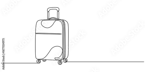continuous one line drawing of suitcase, line art style vector illustration, One continuous line drawing of travel suitcase on wheels minimalist luggage and travel bag vector illustration, Luggage one