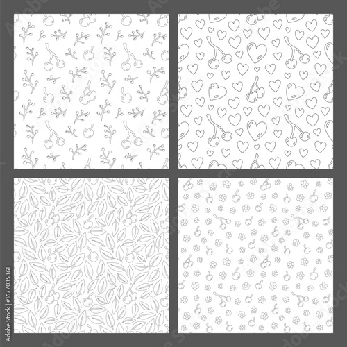 Outline seamless patterns set with cherries
