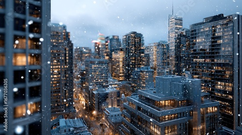A wintry cityscape panorama showcases numerous illuminated skyscrapers, blanketed in falling snow, creating a serene and magical winter scene.