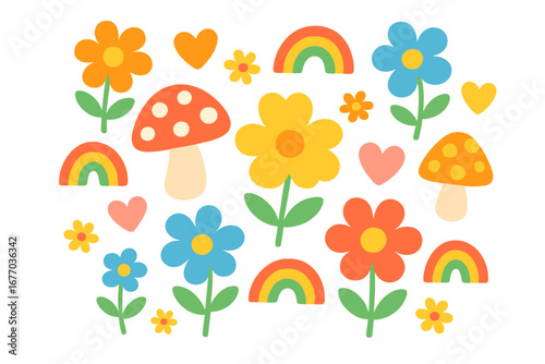 Groovy retro 70s sticker pack. Cheerful cartoon flowers, mushrooms, hearts, rainbows. Hippie clipart elements. Kids decoration. Cute floral amanita vector pattern illustration set.