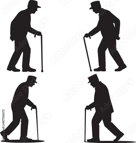 Silhouette of Elderly Men Walking with Canes – Vector Illustration