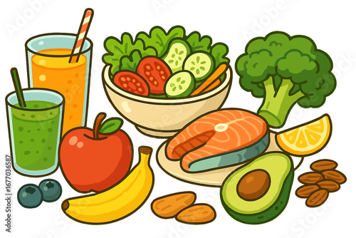 Healthy food assortment for nutrition and diet concept. Vector illustration of fresh organic meal with salmon fish, avocado, salad, smoothie, fruits and vegetables.