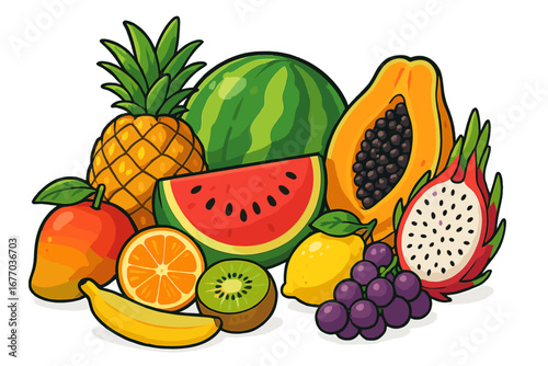 Exotic tropical fruit collection. Vector cartoon set with watermelon, pineapple, papaya, dragon fruit. Fresh, juicy, and healthy food for a summer diet. Isolated on white.