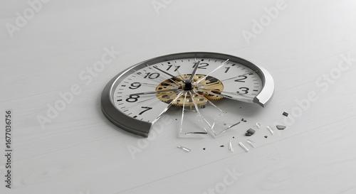 Broken clock with shattered glass on a white wood surface, symbolizing time management issues or loss.
