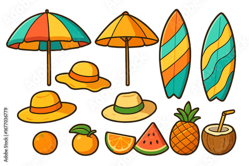 Summer beach elements icon set. Cartoon vector collection with umbrella, surfboard, sun hat, pineapple, coconut, orange, watermelon. Holiday travel vacation symbol collection.
