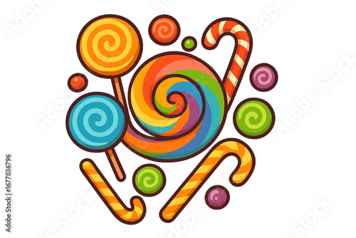 Colorful candy collection. Cartoon vector illustration. Set of lollipops, candy canes, and sweets. Swirl dessert graphic for birthday party, holiday, and Christmas design.