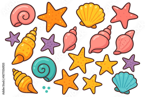 Cartoon seashell and starfish collection. Colorful vector set of cute sea shells for summer beach decor. Playful marine underwater life illustration for kids pattern design.