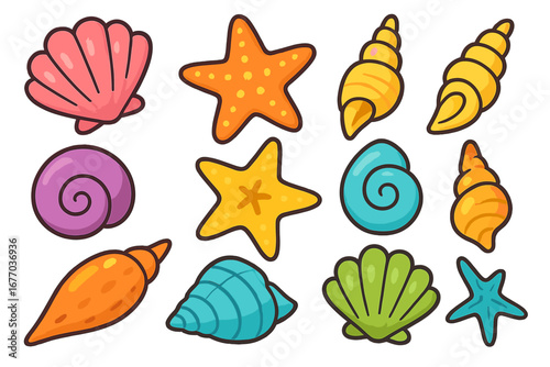 Cute cartoon seashells and starfish collection. Colorful vector set of sea shells for summer beach design. Marine and underwater life icons. Ocean animal flat illustration.