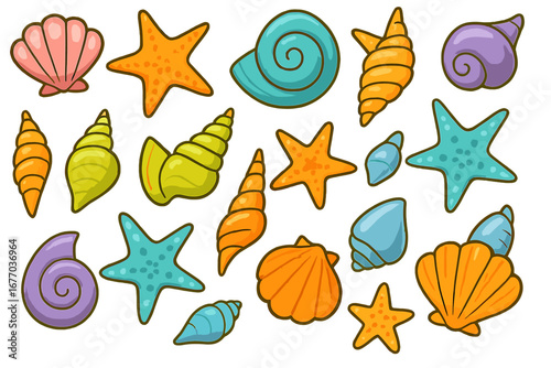 Playful cartoon collection of various seashells and starfish. Isolated vector icons for summer beach party. Colorful sea and ocean life illustration for decor and textile design.