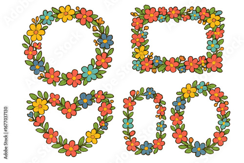 Cute floral frame set. Vector cartoon flower wreath border collection. Colorful circle, heart, oval, rectangle shapes for spring wedding invitation, scrapbooking, kids art.