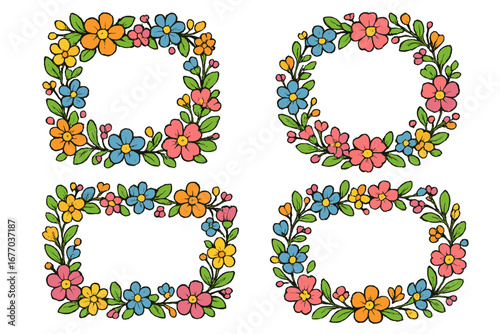 Set of colorful floral frames and wreaths. Hand drawn doodle flower borders for invitations or cards. Vector cartoon illustration collection with square, circle, and oval shapes.
