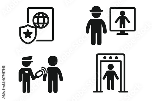 Airport security icon set for travel safety and screening. Vector pictograms of passport control, body scanner, metal detector check, and border control inspection.