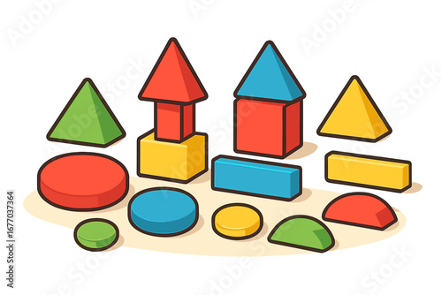Children's colorful building blocks. Geometric toy shapes for creative play and early education. Vector learning concept for preschool & kindergarten. Wooden constructor set icon.
