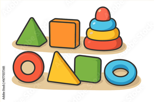 Colorful geometric shapes for education and creative play. Toddler learning toys like sorter puzzle and pyramid stacker. Early development blocks for preschool logic activity. Vector.