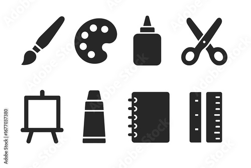 Art tools solid icon set. Flat style design craft supplies for DIY projects. Paintbrush, palette, glue, scissors, canvas, easel, paint tube, notebook, ruler vector icons.