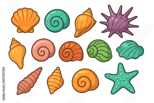 Cartoon seashell collection. Colorful vector set of marine life icons. Summer beach ocean symbols like clam, conch, scallop and starfish. Aquatic nature illustration isolated.