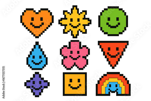 Set of cute pixel art icons. Kawaii smiley face characters. Retro 8-bit video game assets. Colorful happy emoji symbols. Heart, sun, flower, rainbow vector illustration.
