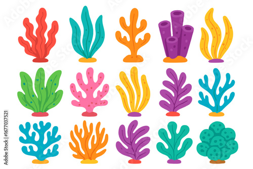 Set of colorful aquatic plants. Collection of seaweed, coral, and algae. Vector cartoon illustration of underwater marine life elements for creative design projects. Sea reef flora.