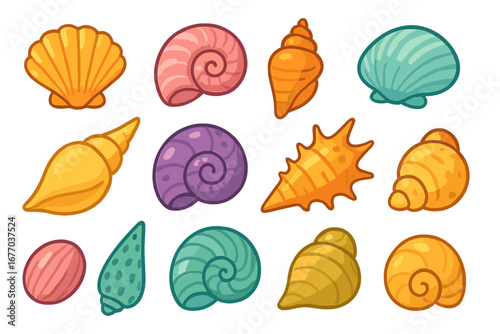 Colorful cartoon seashells set. Collection of various sea shells. Marine life, ocean nature, beach and summer symbols. Underwater icons. Tropical mollusk shell clipart vector.
