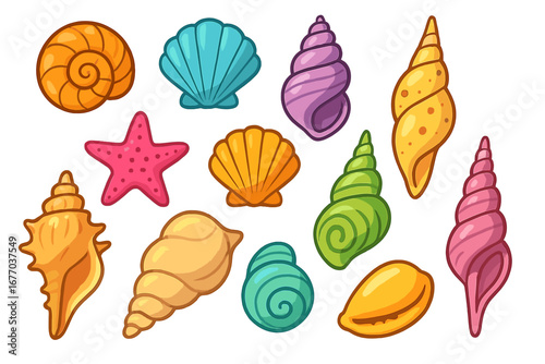 Colorful cartoon seashell collection. Vector illustration set of sea shells, starfish and conch. Marine life for summer beach design. Ocean nature objects on white background.