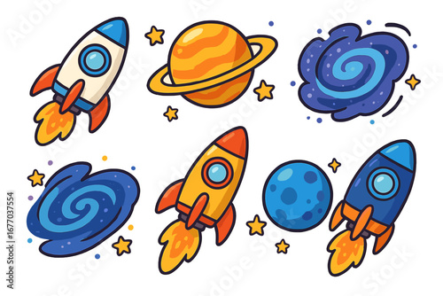 Colorful space exploration set with cartoon rockets, planets, and galaxies. Playful vector illustrations for kids. Cute spaceship, galaxy, and cosmos design elements isolated.