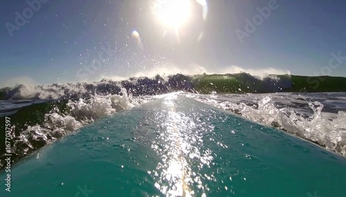 Close-Up View of Turquoise Surfboard Cutting Through Sunlit Ocean Spray