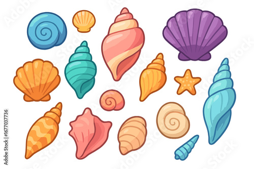 Vector set of colorful seashells. Cartoon sea shell collection with clam, conch, and starfish. Isolated ocean animal and beach treasures for summer. Aquatic marine life.