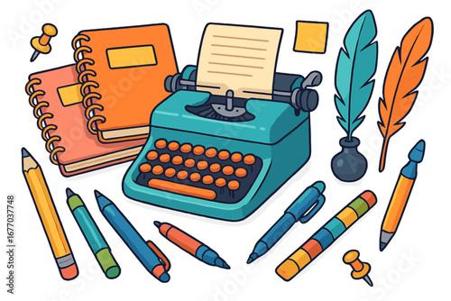 Writer tools and stationery set. Vintage typewriter, notebook, quill pen, pencil. Concept for author, journalist, storytelling, creativity. Office supplies cartoon vector.