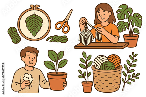 Macrame craft and embroidery hobby set. People gardening with houseplants. DIY textile art with cotton yarn. Handmade creative activity vector cartoon illustration collection.