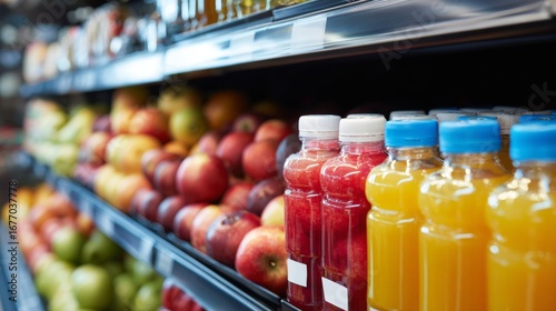 Supermarket fruit juice bottles lifestyle product photography retail modern commercial branding stylish composition grocery design