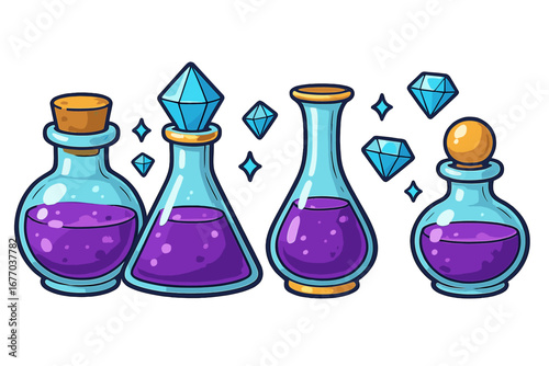 Set of magic potion bottles with purple liquid and diamonds. Fantasy elixir flasks for game icon. Vector illustration of alchemist poison or mana. Witchcraft or wizardry.