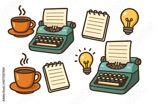 Creative writing concept vector set. Retro typewriter, coffee cup, notebook, light bulb idea icon. Storytelling, journalism, author, blogging, copywriter, freelance elements.