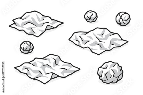 Crumpled paper balls and wasted paper sheets. Concept of failed ideas, mistakes, or creative block. Office garbage and recycling. Messy workspace. Vector illustration set.