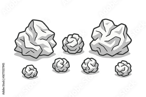 Set of crumpled paper balls. Metaphor for mistake, failure, or bad idea. Office waste and trash. Brainstorming and creativity concept. Vector cartoon illustration isolated.