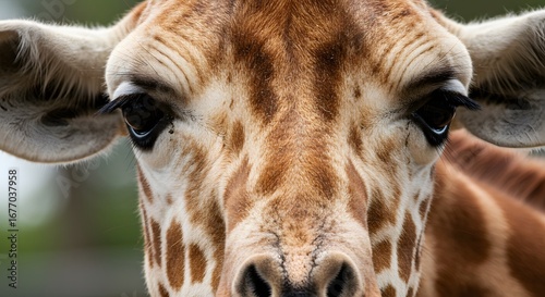Close-up shot of a giraffe's face, showcasing its unique pattern, ears, and intense gaze.