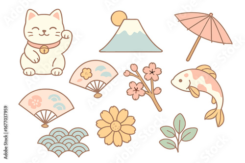 Cute Japanese culture elements set. Kawaii cartoon vector icons in pastel colors. Maneki neko cat, Fuji mountain, koi fish, sakura blossom, fan, umbrella. Asian tradition.