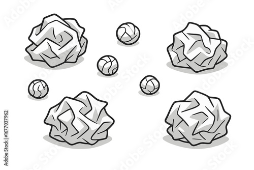 Crumpled paper ball vector set. Wastepaper and garbage for recycling. Concept of mistake, failure, brainstorming, creativity block, bad idea. Office mess and clutter icons.
